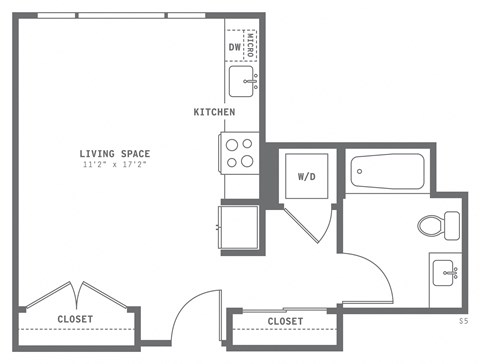 Floor plan for studio, 1 bath, 448 sqft